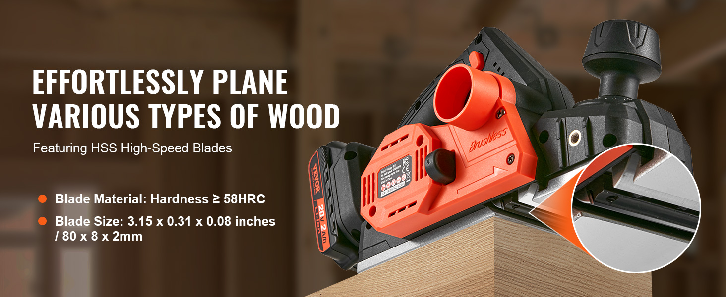 VEVOR cordless electric hand planer with hss blades planing a piece of wood, blade details included.