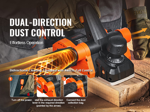 VEVOR cordless electric hand planer showcasing dual-direction dust control for effortless operation.