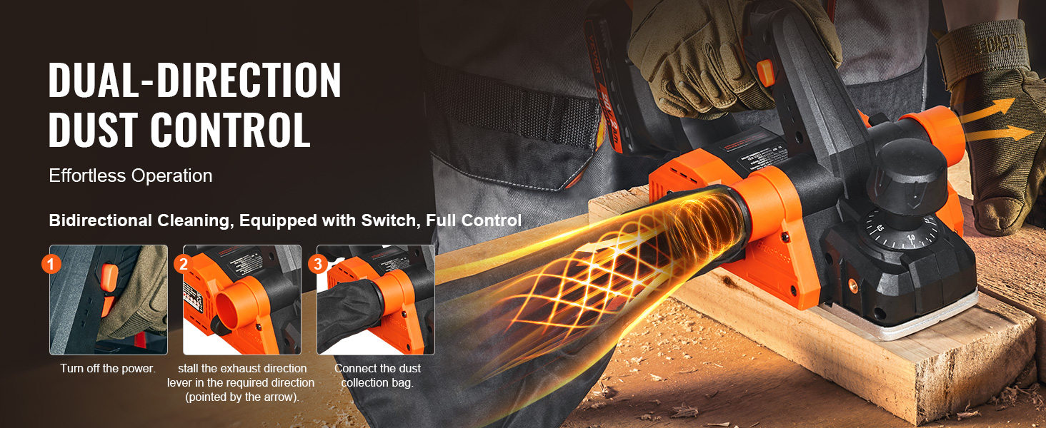VEVOR cordless electric hand planer showcasing dual-direction dust control for effortless operation.