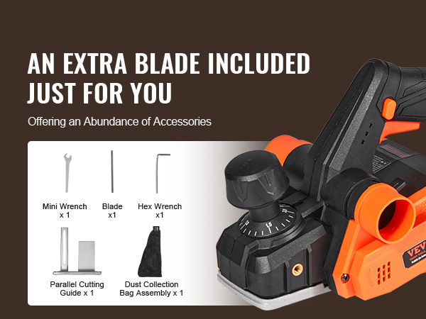 VEVOR cordless electric hand planer with extra blade, guide, wrench, dust bag, hex wrench, and mini wrench.