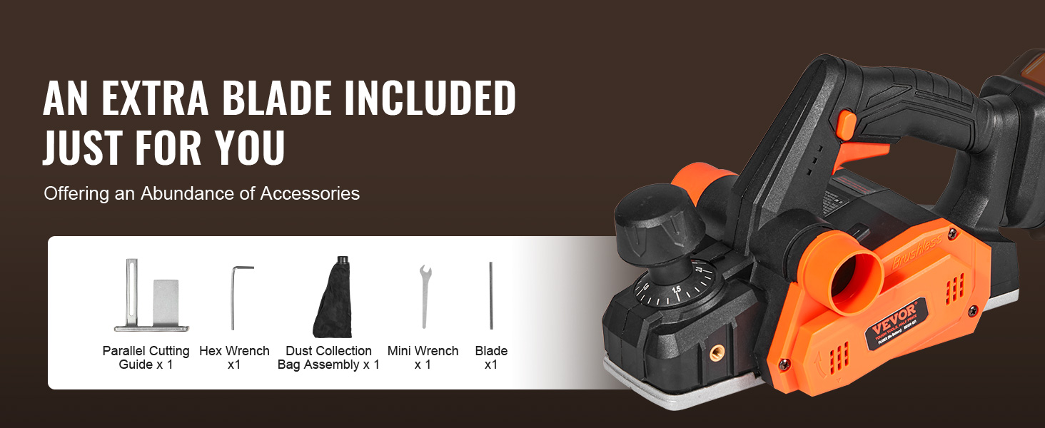 VEVOR cordless electric hand planer with extra blade, guide, wrench, dust bag, hex wrench, and mini wrench.