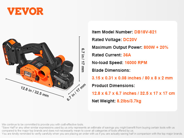 VEVOR cordless electric hand planer with dc20v, 800w power, 16000 rpm speed, and 8.2lbs weight specs.