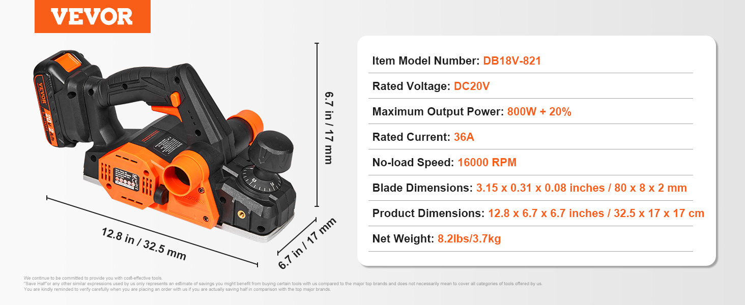 VEVOR cordless electric hand planer with dc20v, 800w power, 16000 rpm speed, and 8.2lbs weight specs.