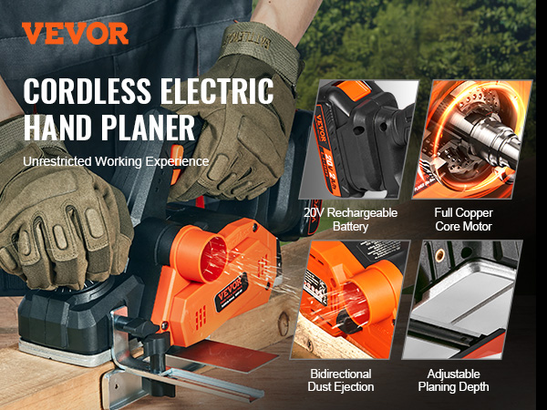 VEVOR cordless electric hand planer with 20v rechargeable battery, full copper core motor, and adjustable depth.