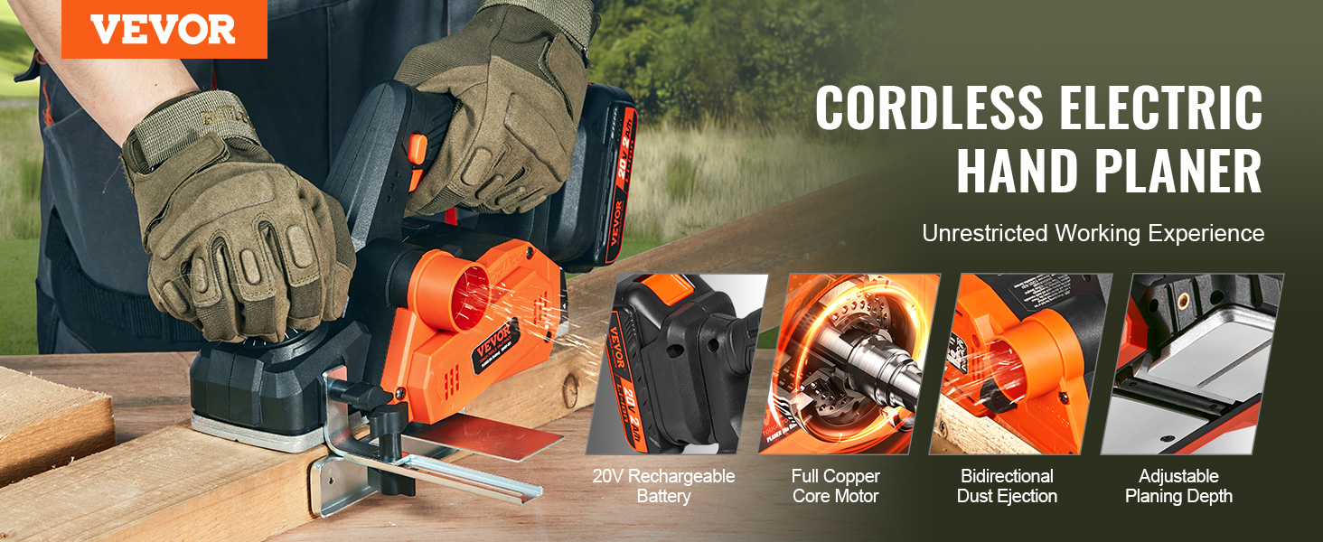 VEVOR cordless electric hand planer with 20v rechargeable battery, full copper core motor, and adjustable depth.