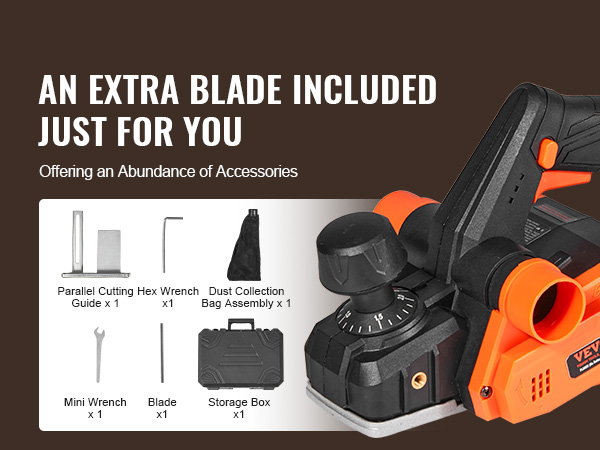 VEVOR cordless electric hand planer with extra blade and accessory kit including parallel cutting guide, wrenches, dust bag