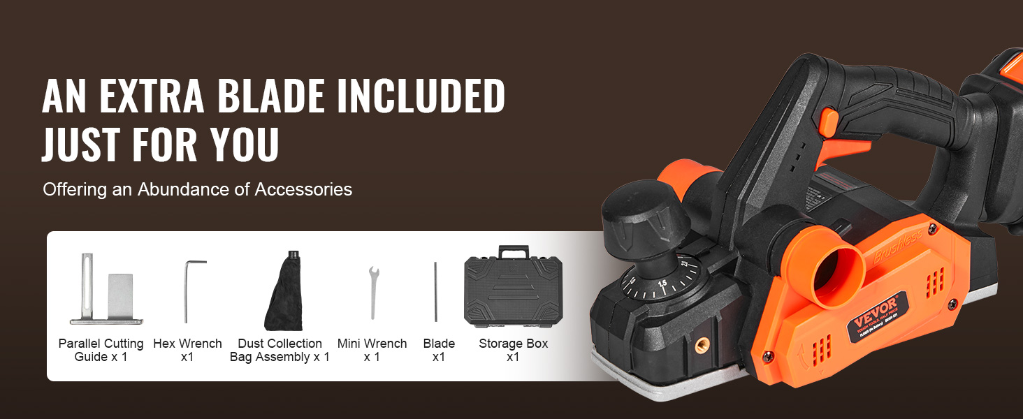 VEVOR cordless electric hand planer with extra blade and accessory kit including parallel cutting guide, wrenches, dust bag