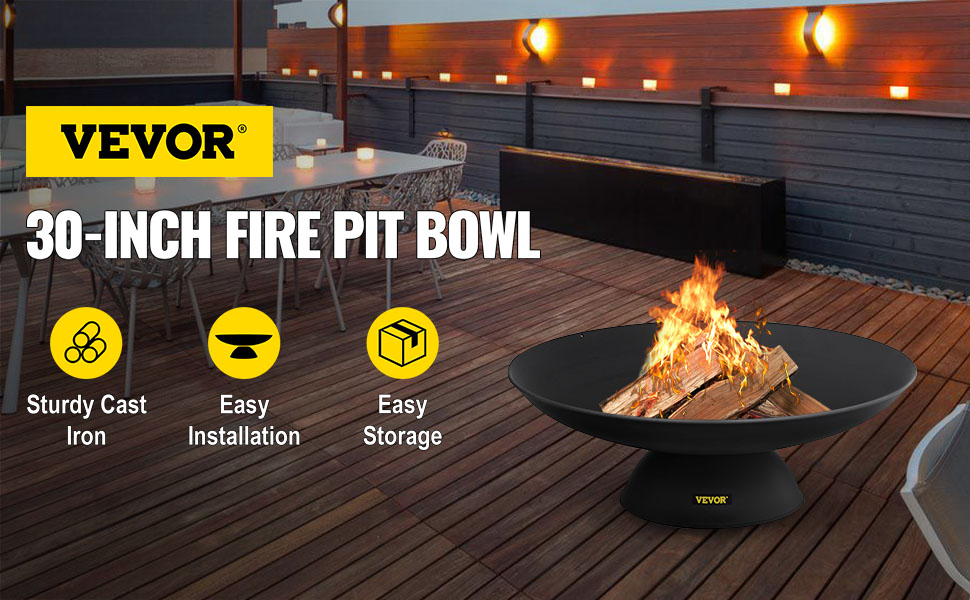 VEVOR fire pit; modern outdoor patio with a 30-inch fire bowl and warm lighting.