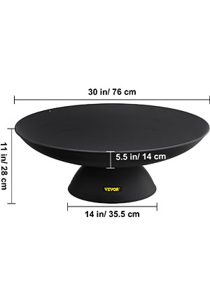 VEVOR fire pit: 30 in diameter, 11 in high with 14 in base and 5.5 in depth.