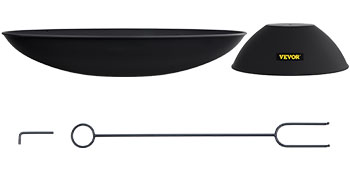 VEVOR fire pit set with black bowl, base, and two metal tools laid out.