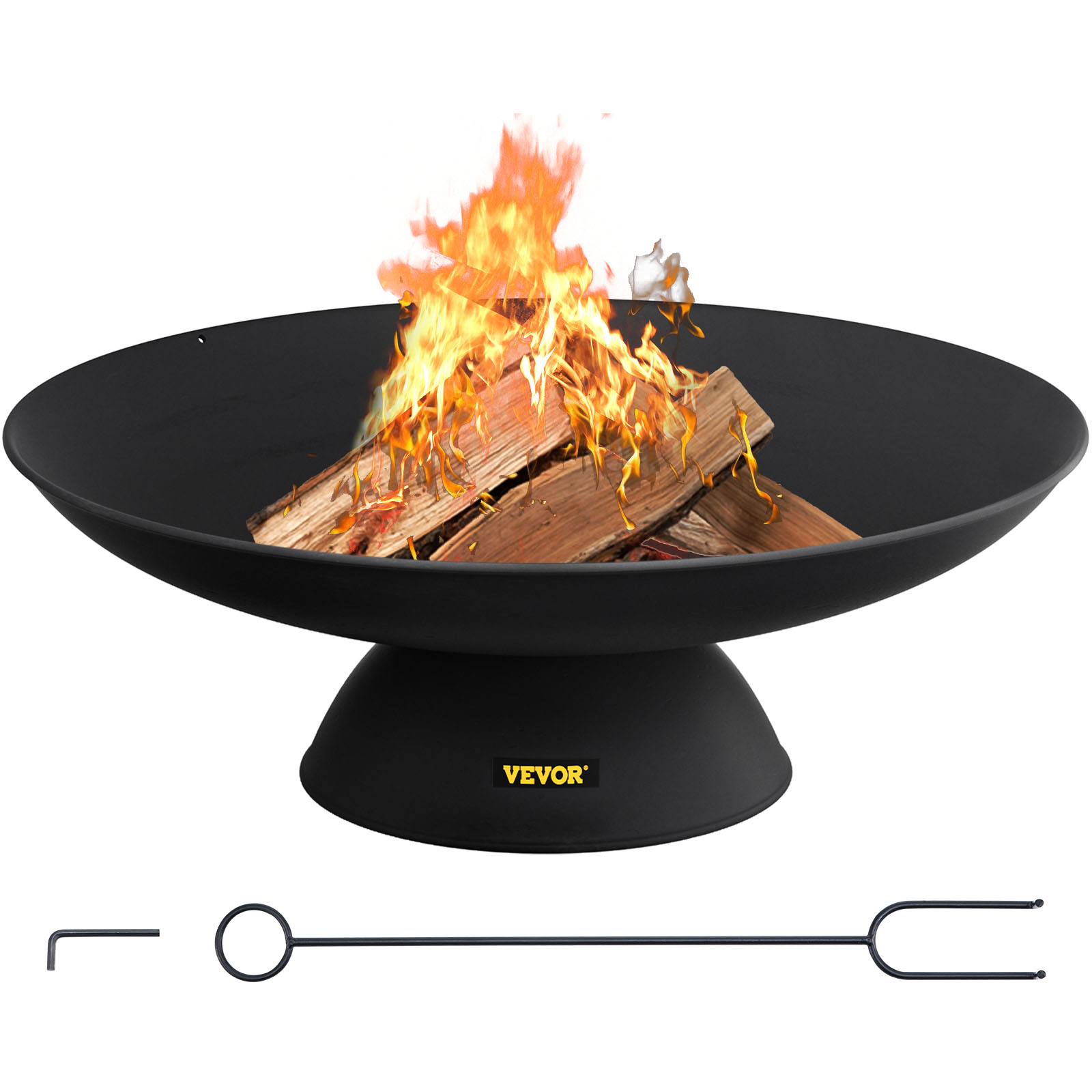 modern black VEVOR fire pit with burning wood logs and included lifting tool.