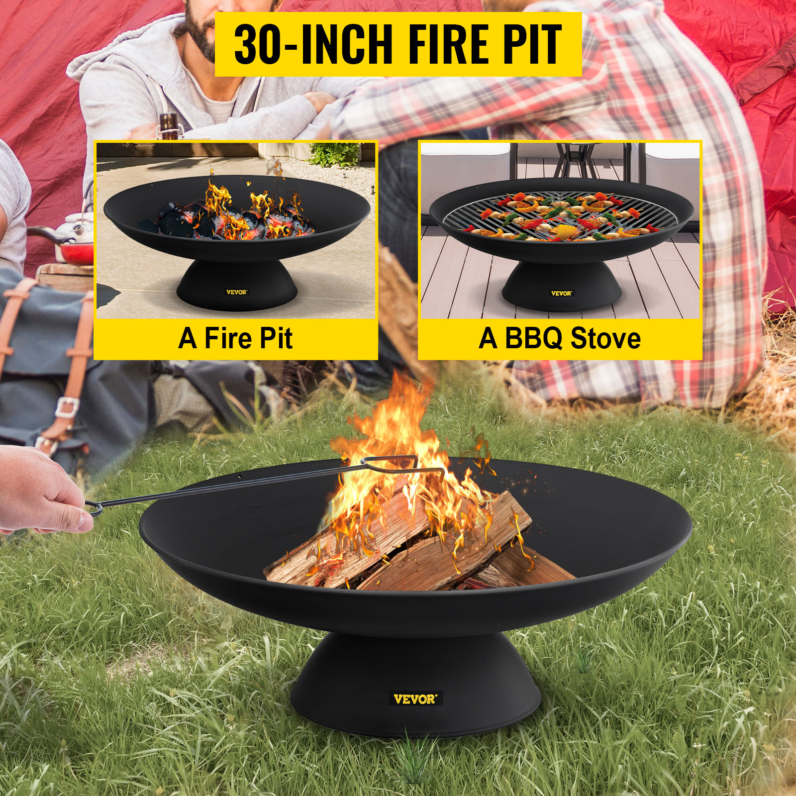 VEVOR fire pit for camping, cooking, and warmth; versatile 30-inch outdoor fire pit.