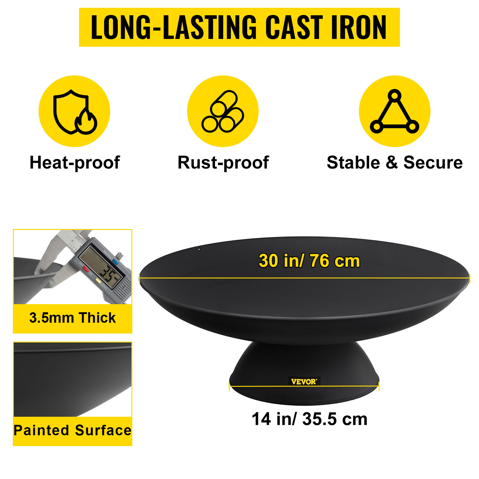 VEVOR fire pit, 30in cast iron, heat-proof, rust-proof, stable, 3.5mm thick, painted surface