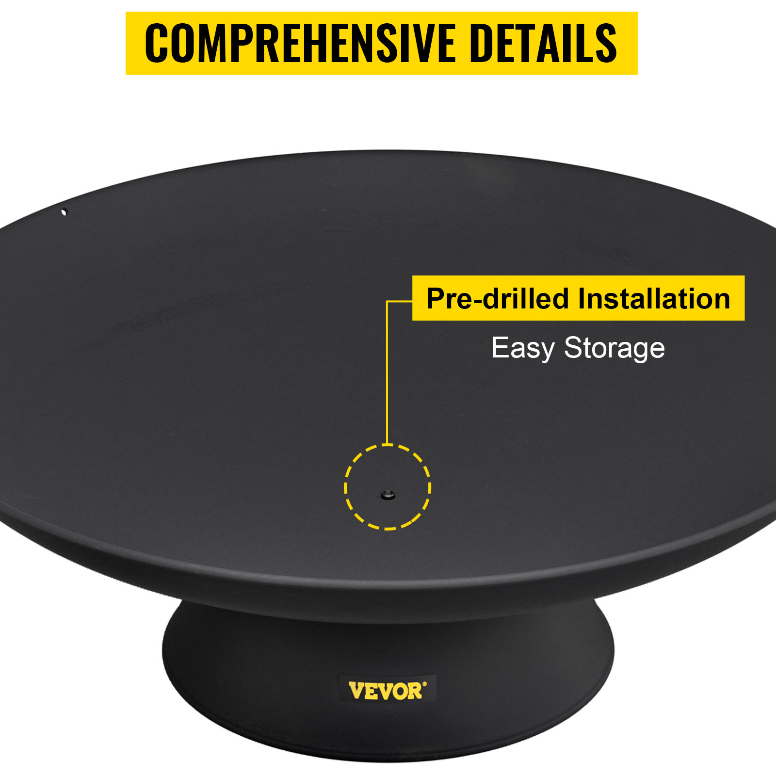 VEVOR fire pit with pre-drilled installation and easy storage features.