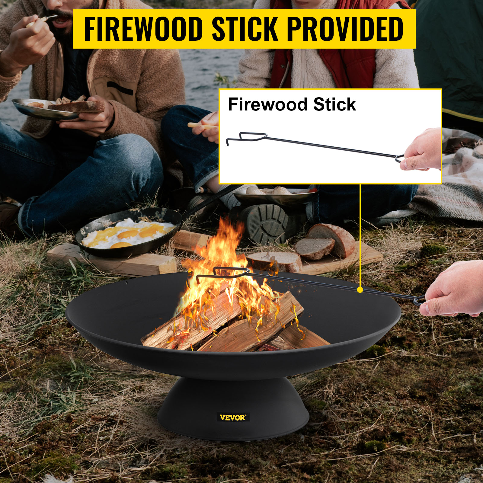VEVOR fire pit with firewood stick, people enjoying food around in outdoor setting.