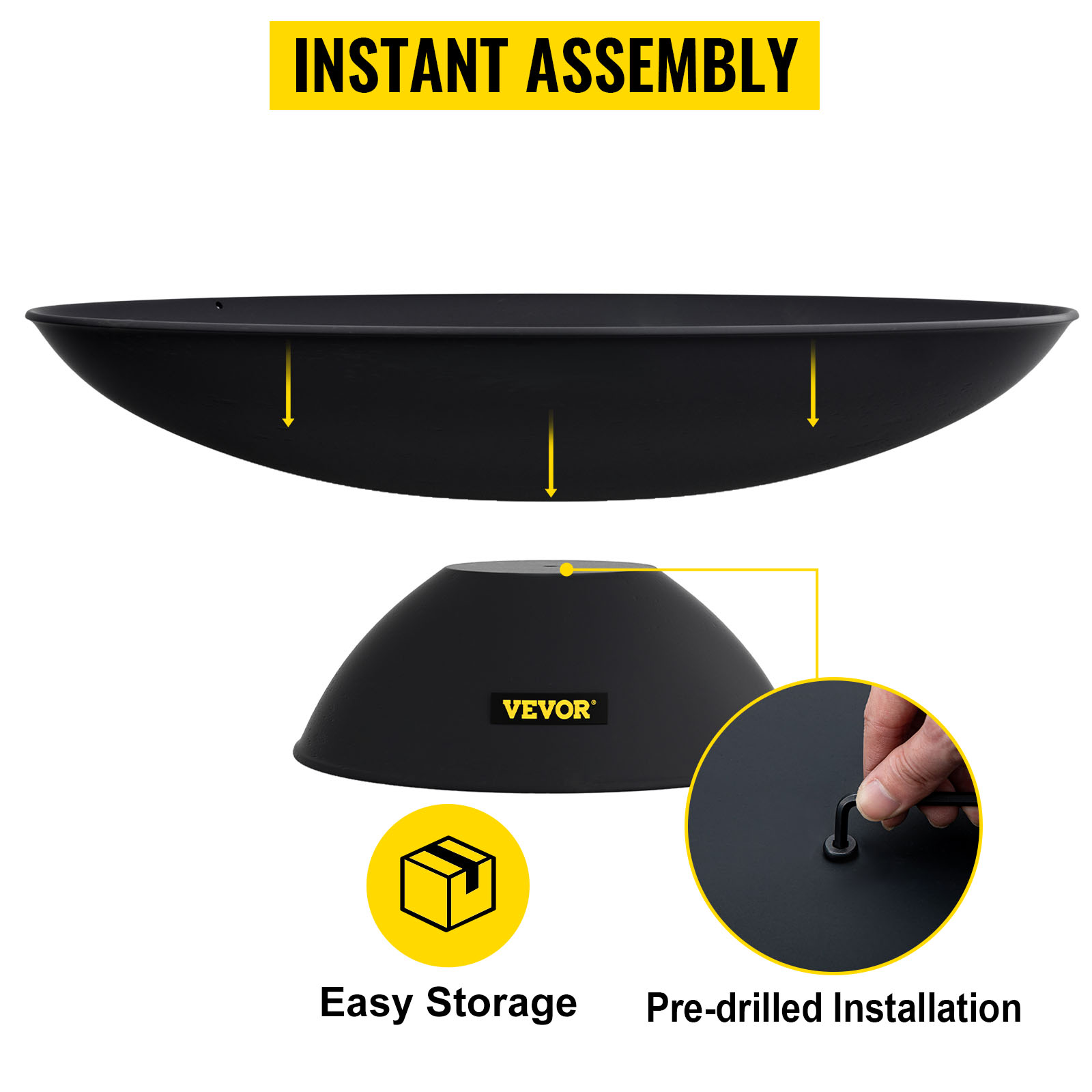 VEVOR fire pit assembly illustration showing parts, easy storage, and pre-drilled installation.