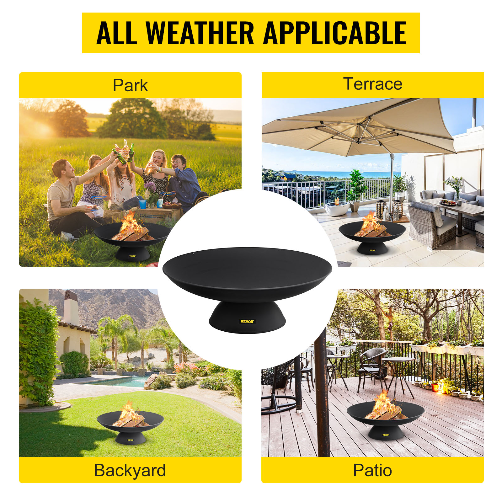 VEVOR fire pit for park, terrace, backyard, and patio use in all weather.