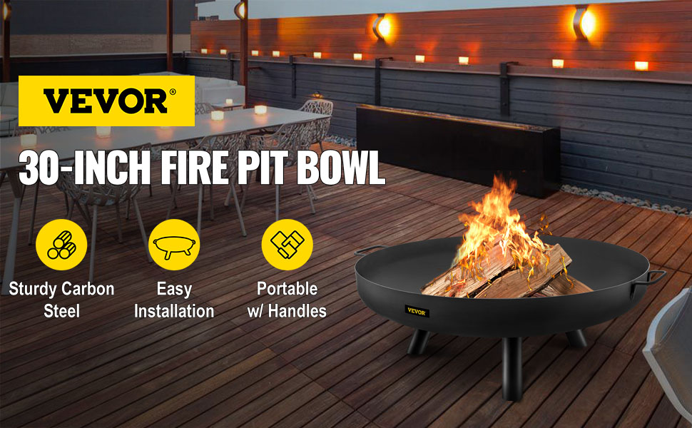 VEVOR fire pit bowl on a stylish wooden patio with glowing fire and modern seating.
