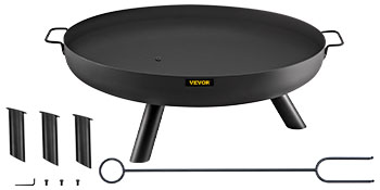 VEVOR fire pit bowl with stand, screws, and poker tool included.