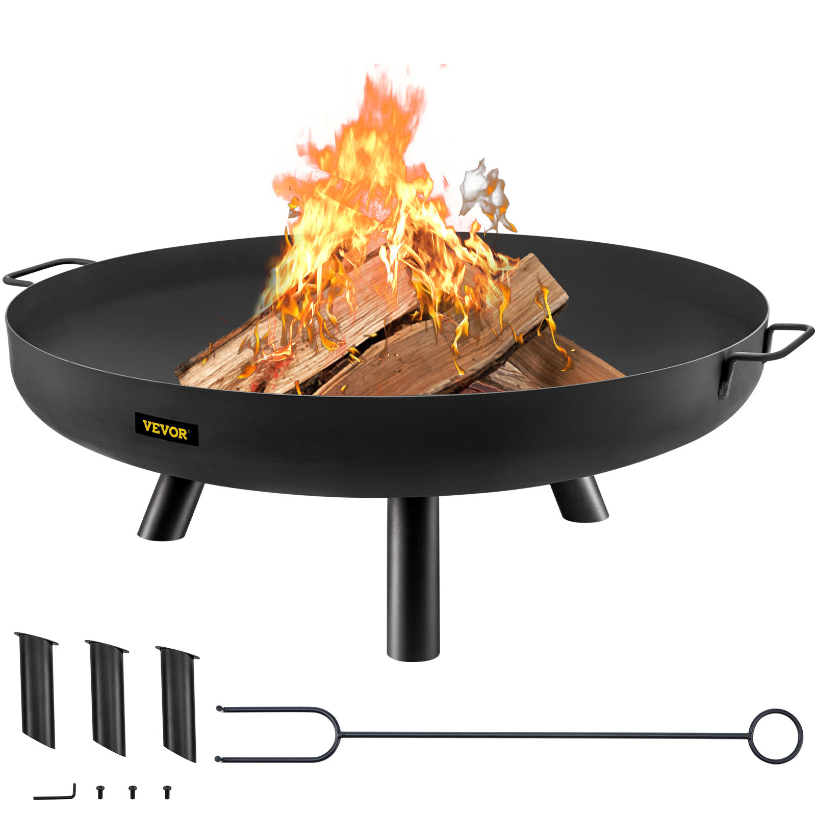 VEVOR fire pit bowl with burning wood, stands, screws, and poker.