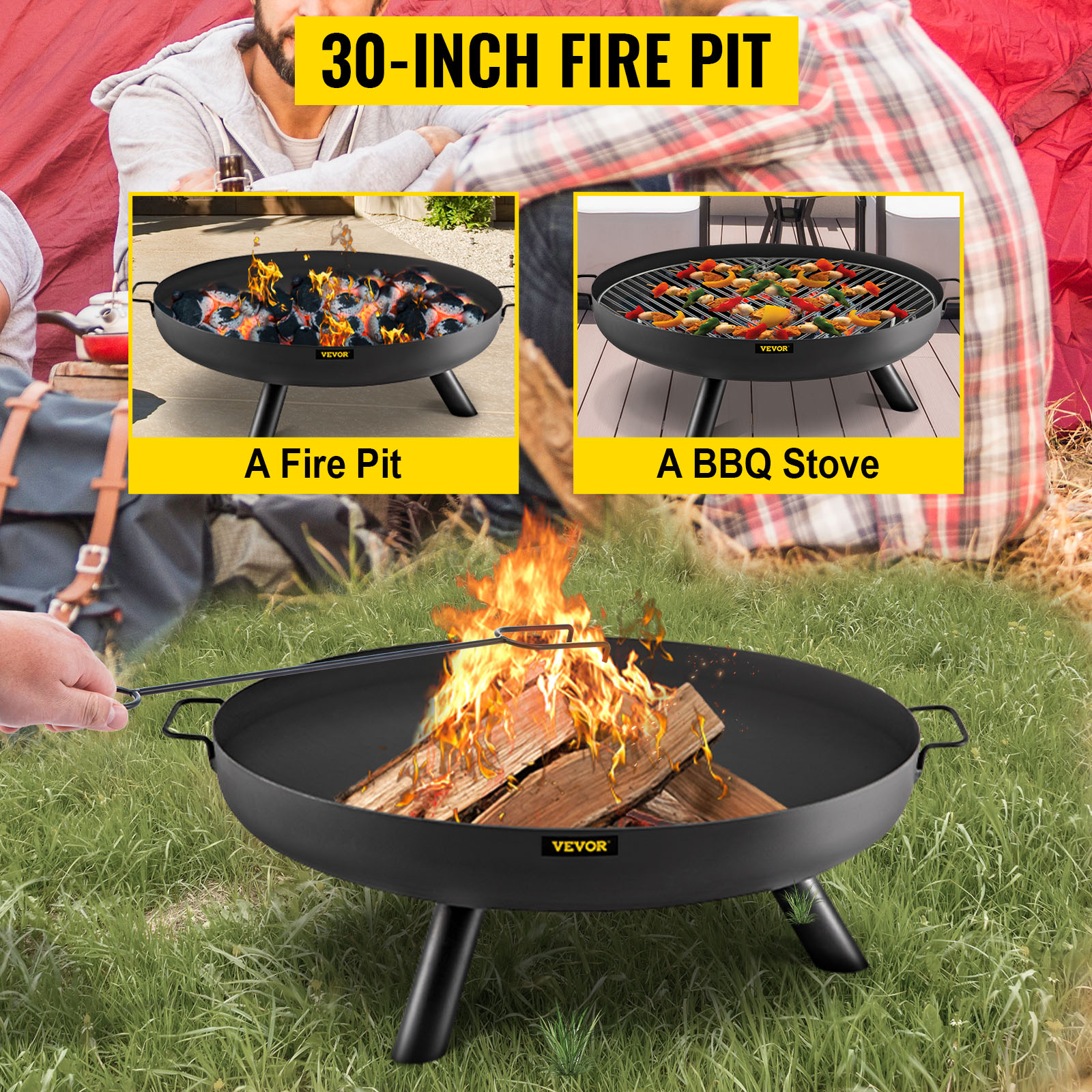 VEVOR fire pit bowl in use as fire pit and bbq stove with logs burning in a 30-inch bowl.
