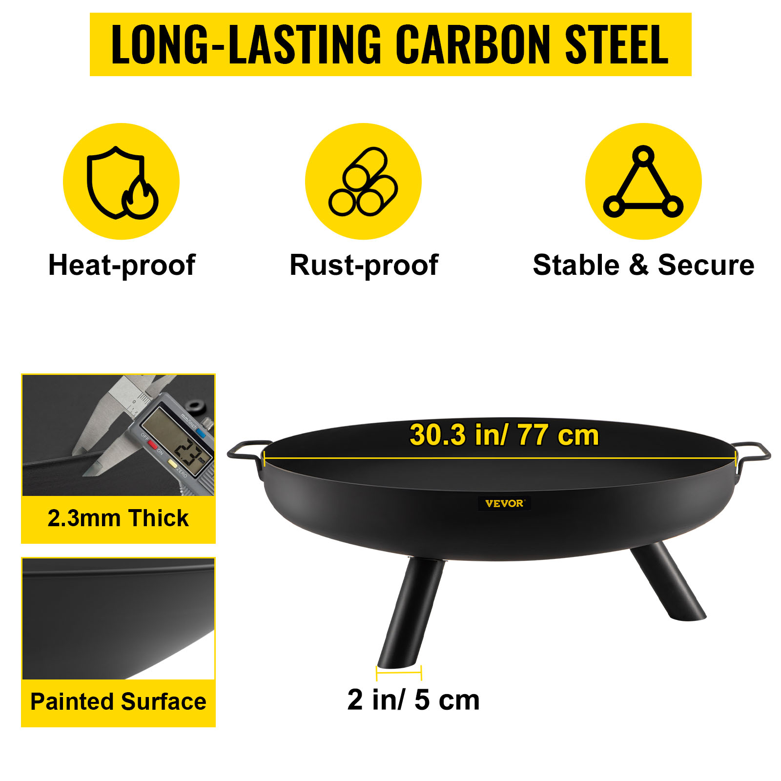 VEVOR fire pit bowl, 30.3 in, carbon steel, heat-proof, rust-proof, stable and secure.