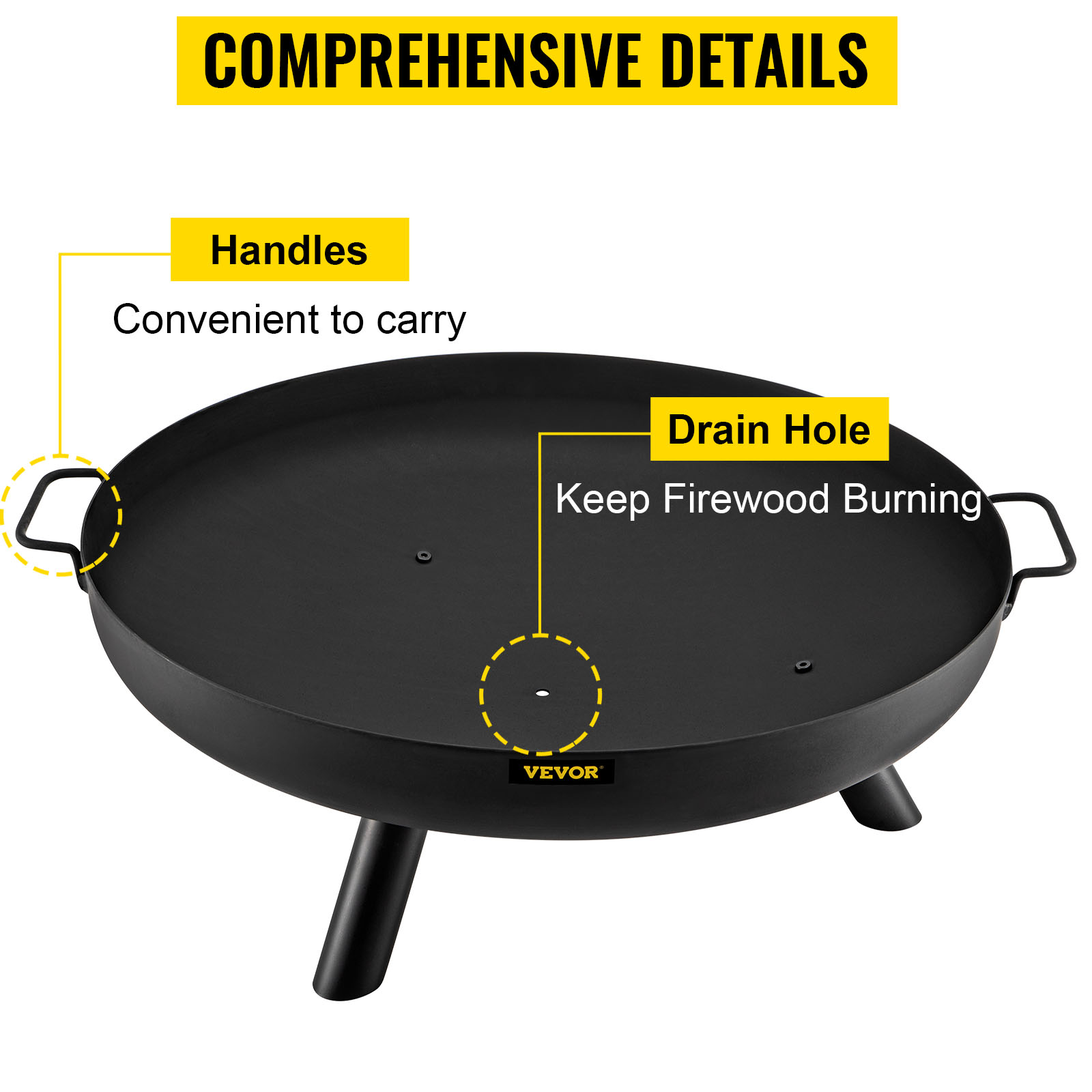 VEVOR fire pit bowl with handles for easy transport and a drain hole for optimal burning.