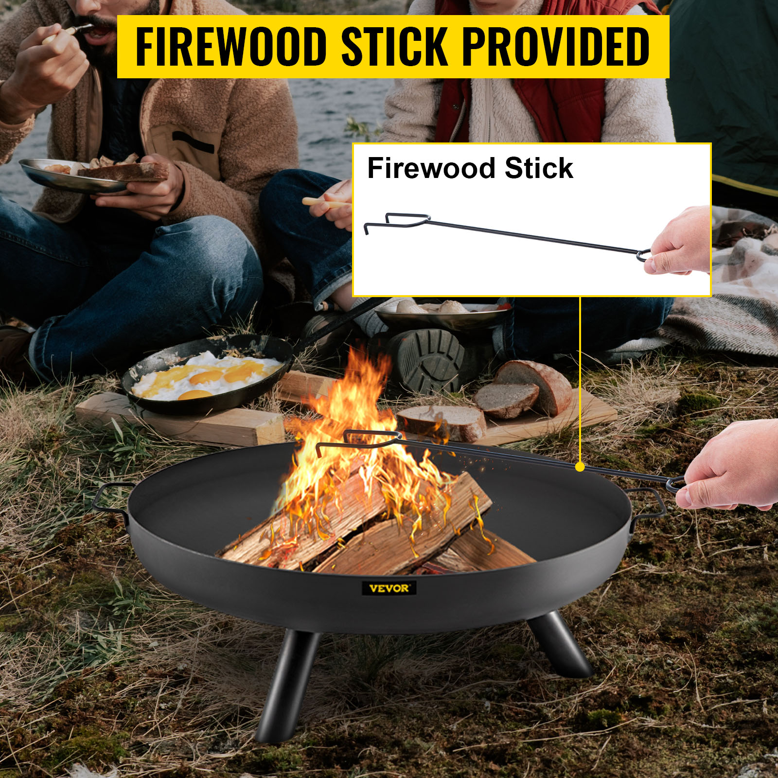 VEVOR fire pit bowl with firewood stick in use during an outdoor gathering.