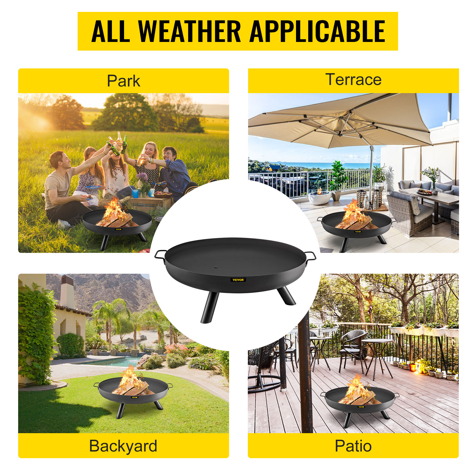 all-weather VEVOR fire pit bowl in park, terrace, backyard, and patio settings.