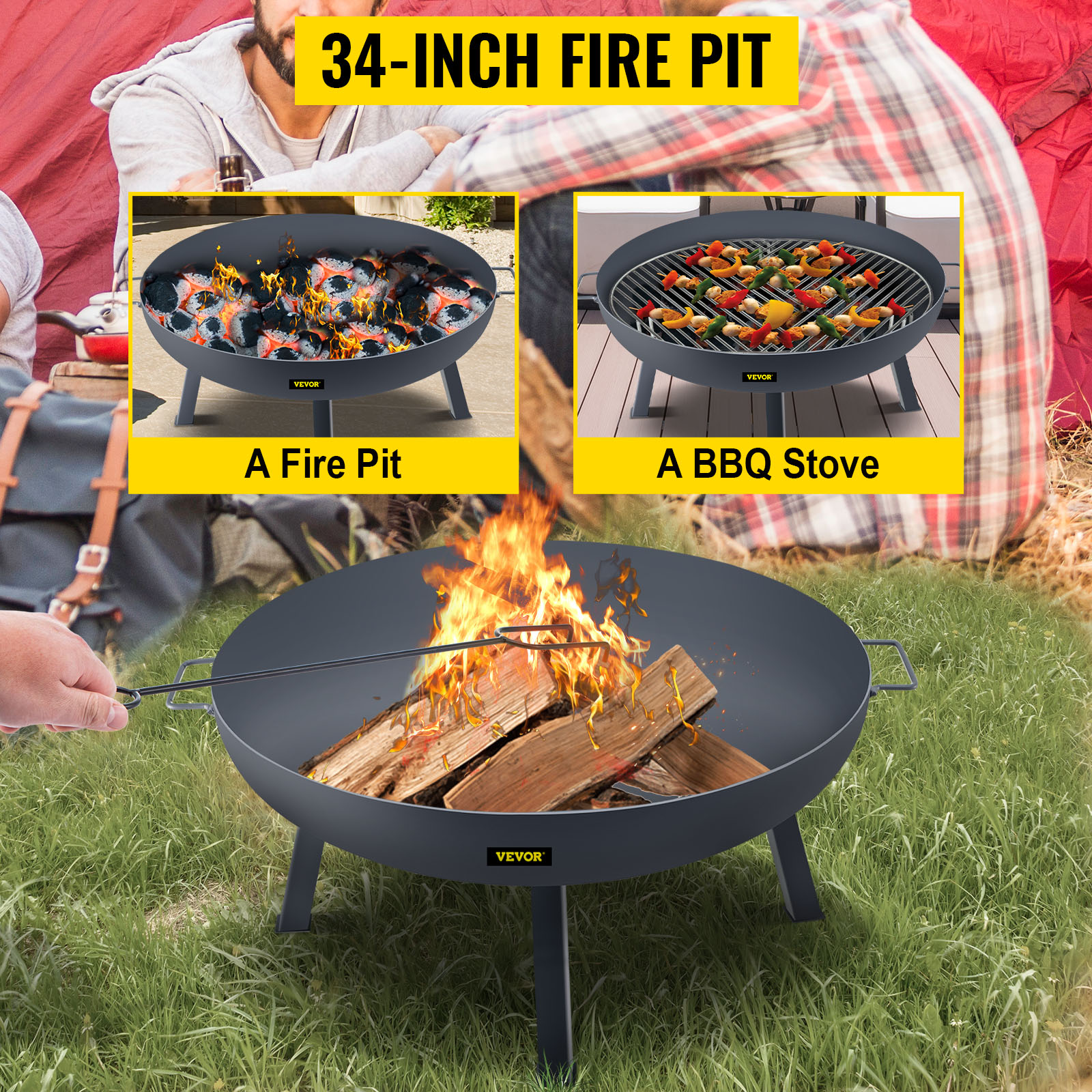 VEVOR ugunskura bļoda ar degošiem baļķiem, BBQ krāsni un draugiem, kas sēž pie ugunskura.