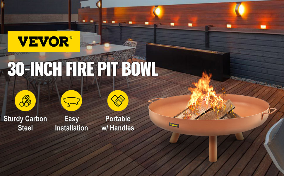 VEVOR fire pit bowl in a modern outdoor patio with a fire burning.