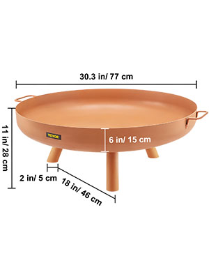 VEVOR fire pit bowl with dimensions: 30.3 in x 11 in x 18 in, and 2 in legs.