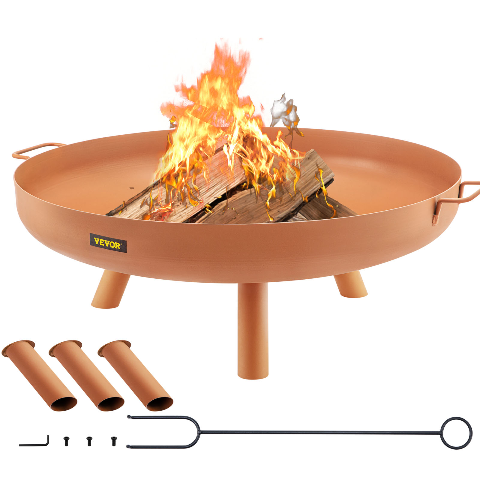 VEVOR fire pit bowl with burning logs and assembly accessories
