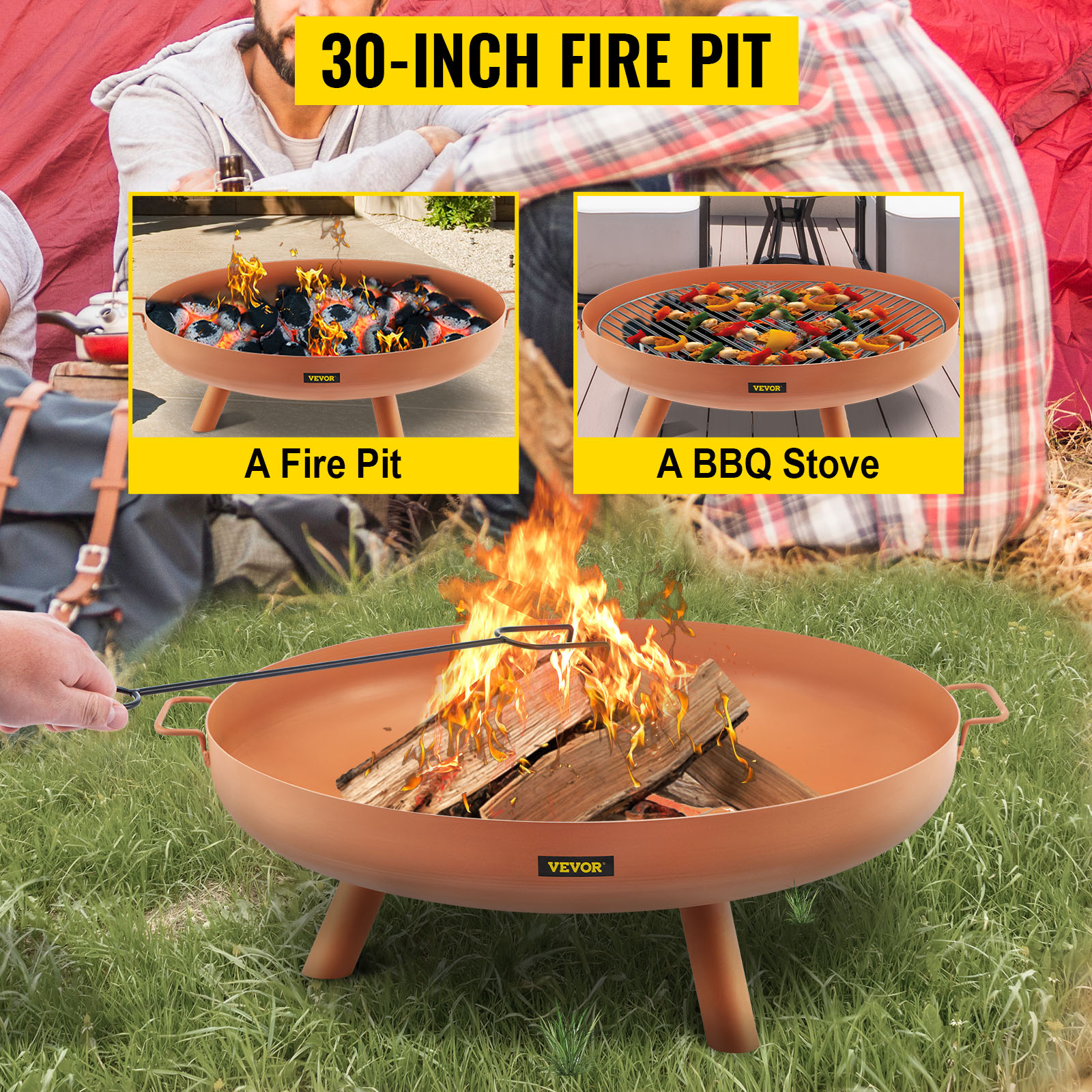 VEVOR fire pit bowl showing a 30-inch fire pit and bbq stove on grass.