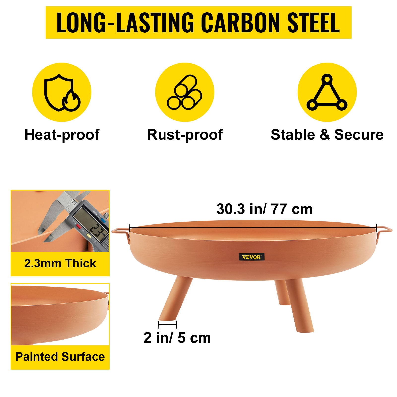 VEVOR fire pit bowl, 30.3 inches, heat-proof, rust-proof, stable carbon steel.
