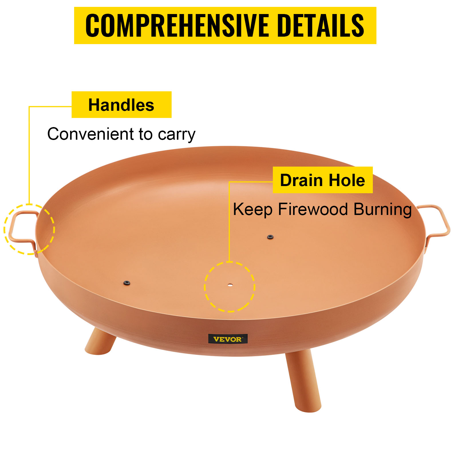 VEVOR fire pit bowl with handles and drain hole for convenience and firewood burning.