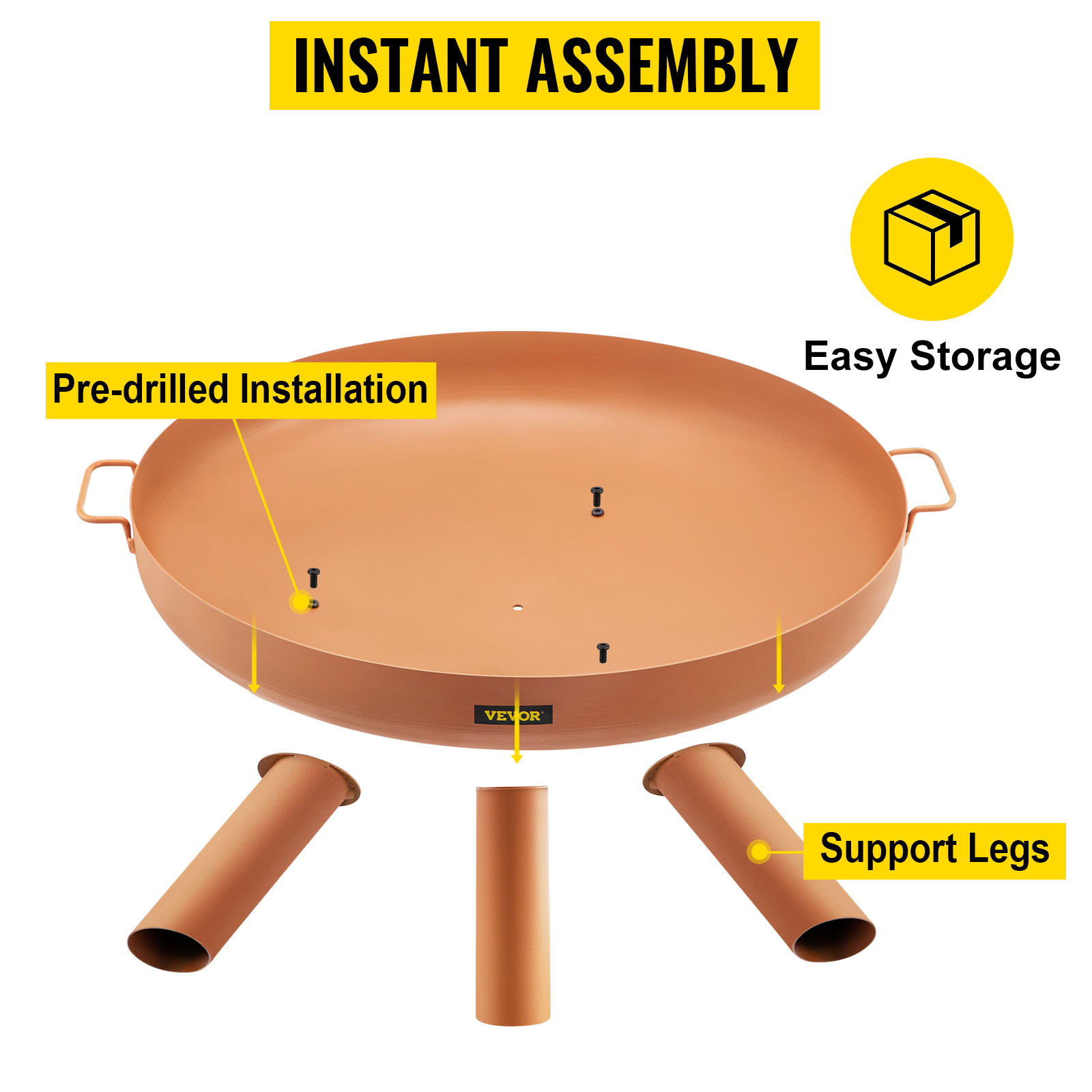 VEVOR fire pit bowl with pre-drilled installation and support legs for easy assembly.