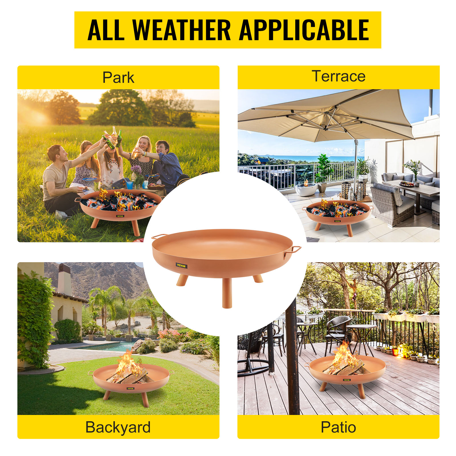 VEVOR fire pit bowl used in park, terrace, backyard, and patio for all-weather use.