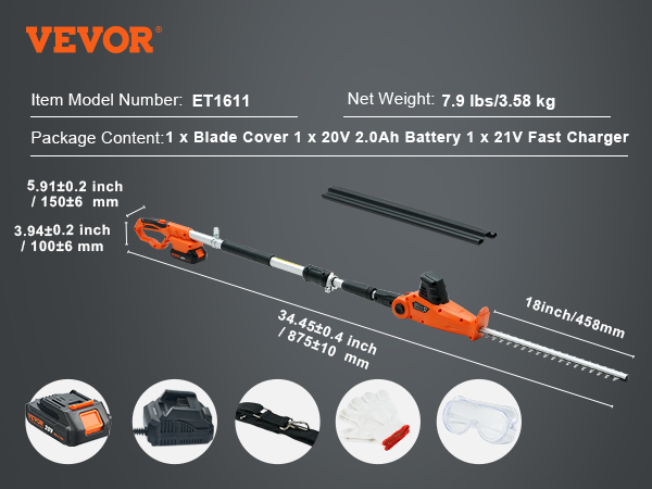 VEVOR 20v cordless hedge trimmer et1611 with battery, charger, blade cover, gloves, goggles, and belt.