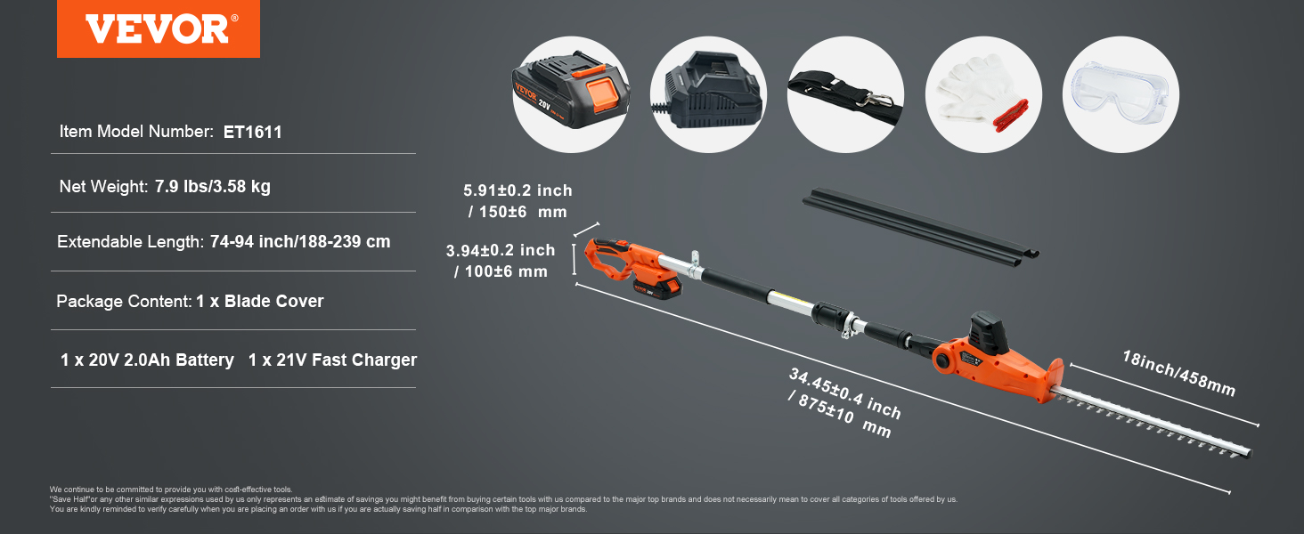 VEVOR 20v cordless hedge trimmer et1611 with battery, charger, blade cover, gloves, goggles, and belt.
