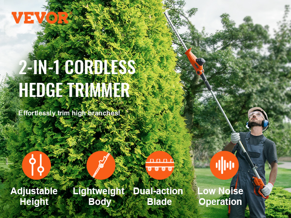VEVOR 20v cordless hedge trimmer, adjustable height for easy trimming of tall hedges in a garden setting.