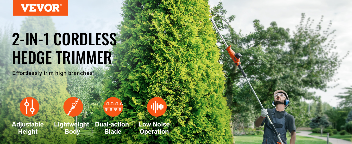 VEVOR 20v cordless hedge trimmer, adjustable height for easy trimming of tall hedges in a garden setting.