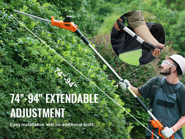 gardener using VEVOR 20v cordless hedge trimmer with 74"-94" extendable adjustment in lush garden.