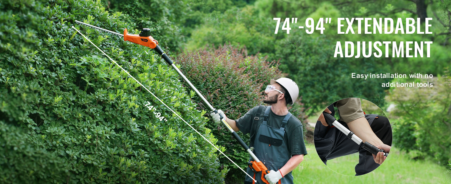 gardener using VEVOR 20v cordless hedge trimmer with 74"-94" extendable adjustment in lush garden.