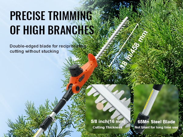 VEVOR 20v cordless hedge trimmer cutting high branches with an 18-inch double-edged blade.
