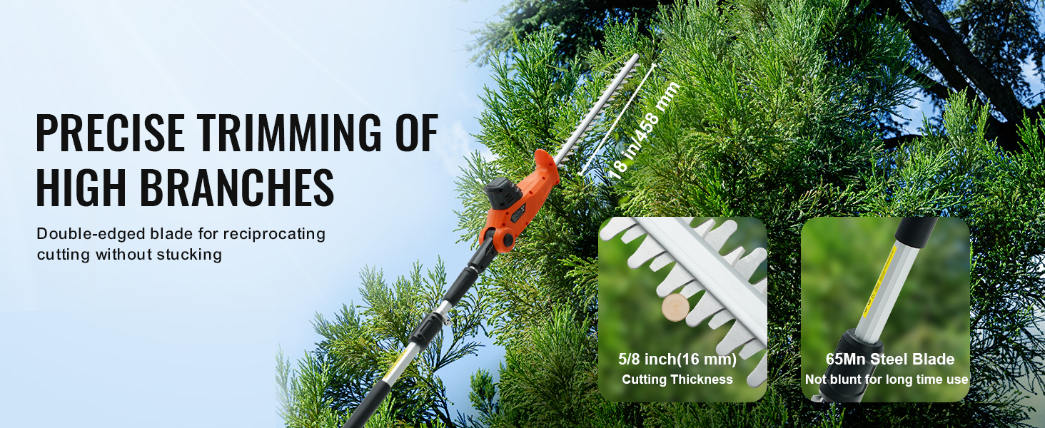 VEVOR 20v cordless hedge trimmer cutting high branches with an 18-inch double-edged blade.