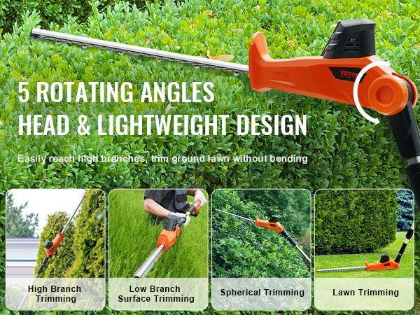 VEVOR 20v cordless hedge trimmer with 5 rotating angles for spherical, low branch, and lawn trimming.