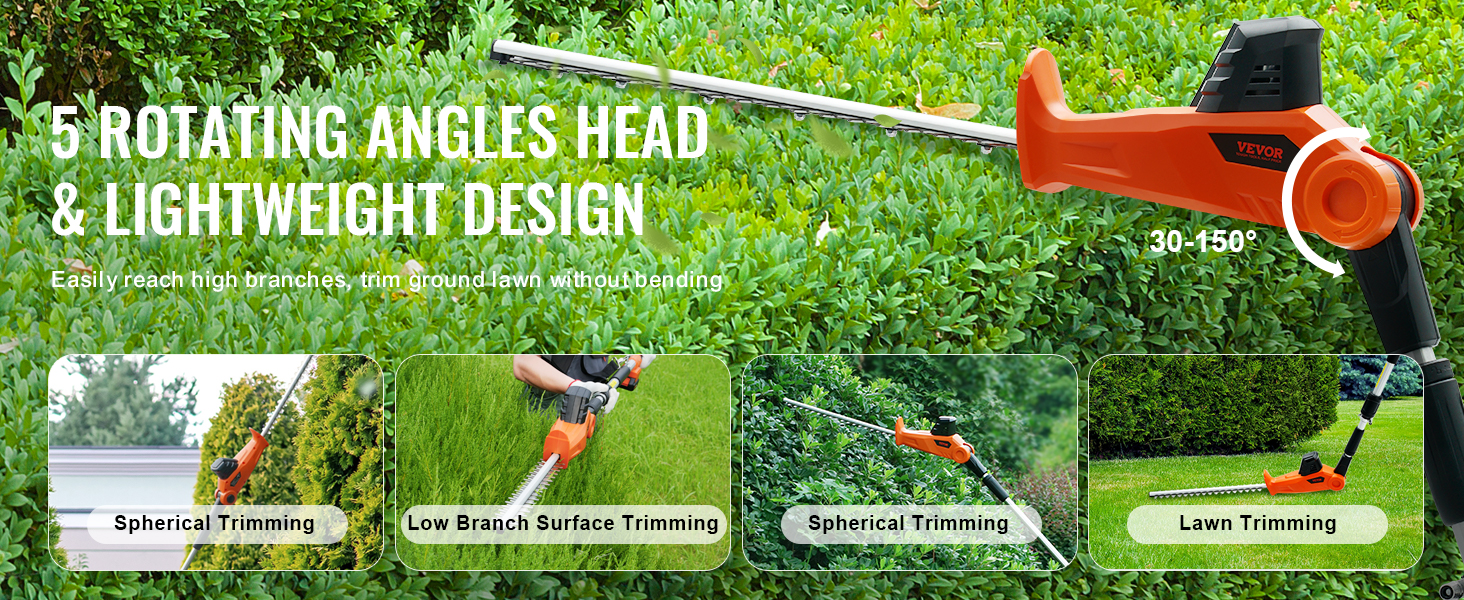 VEVOR 20v cordless hedge trimmer with 5 rotating angles for spherical, low branch, and lawn trimming.