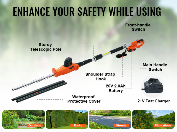 VEVOR 20v cordless hedge trimmer features telescopic pole, shoulder strap, and fast charger.