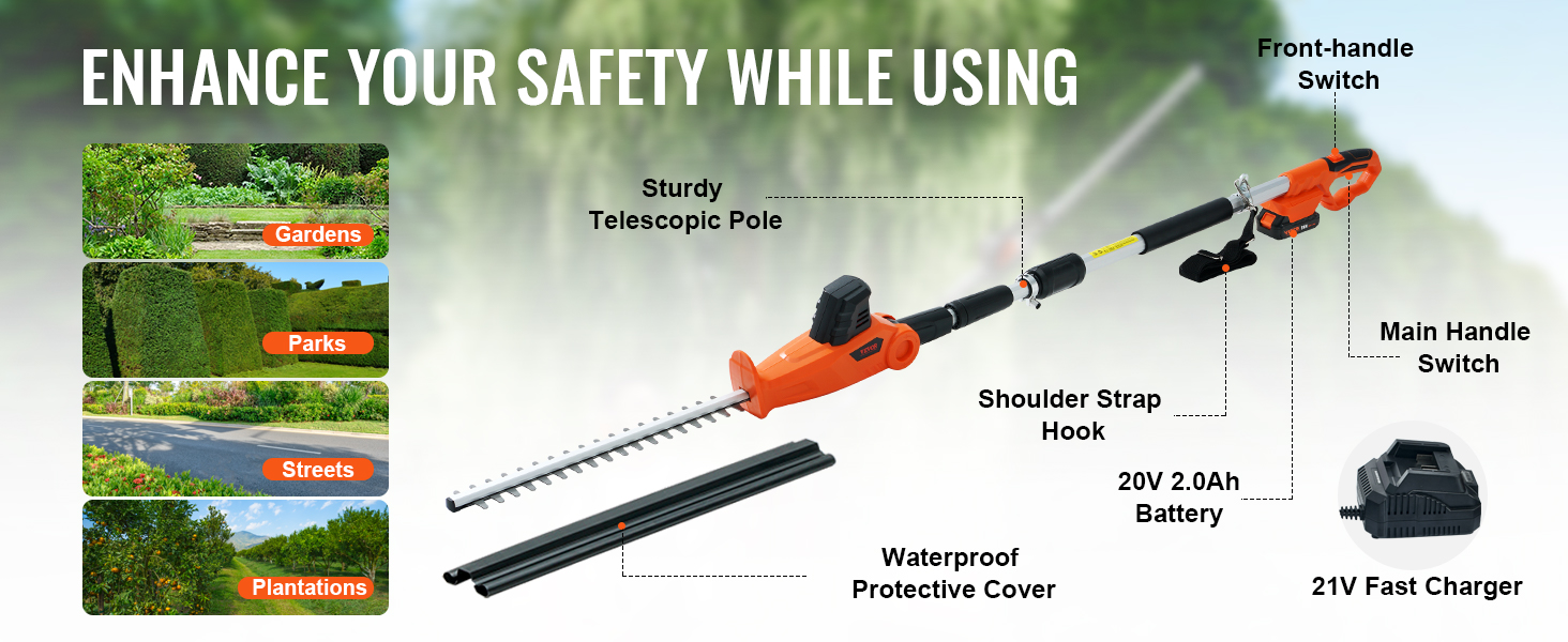 VEVOR 20v cordless hedge trimmer features telescopic pole, shoulder strap, and fast charger.